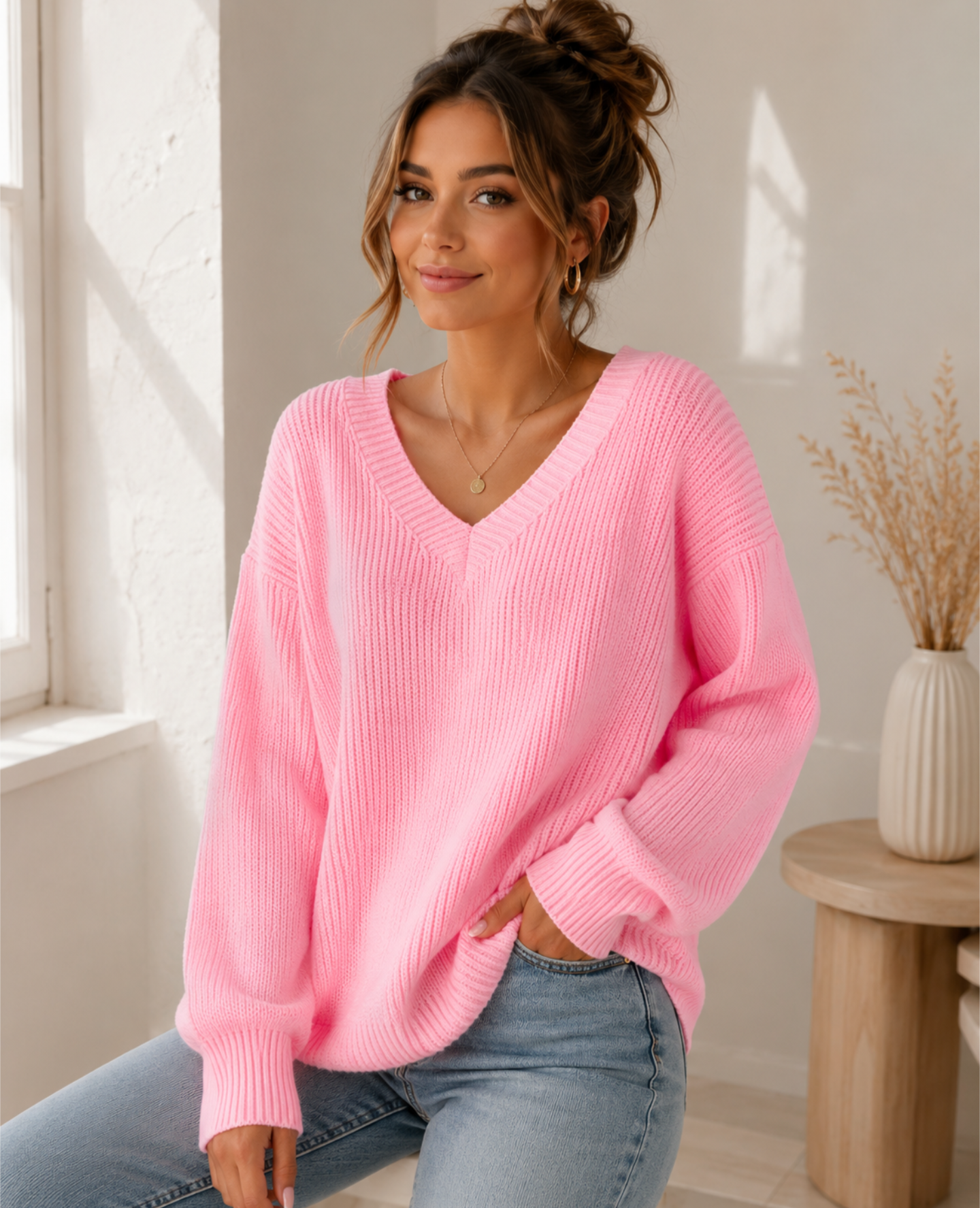 Women's Oversized Pink V-Neck Knit Jumper