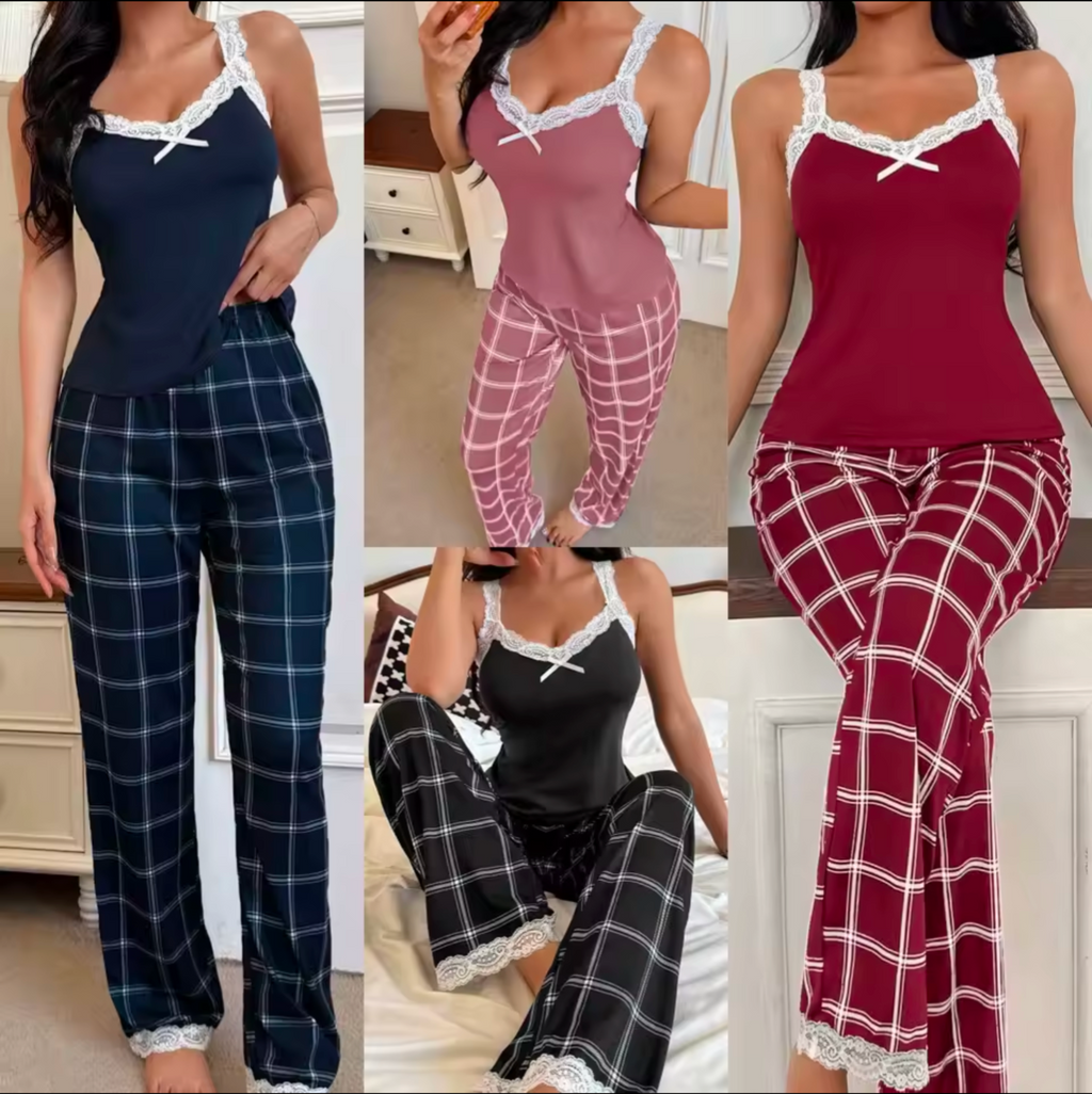 Women's Lace Trim Checked Pyjama Set S-XL