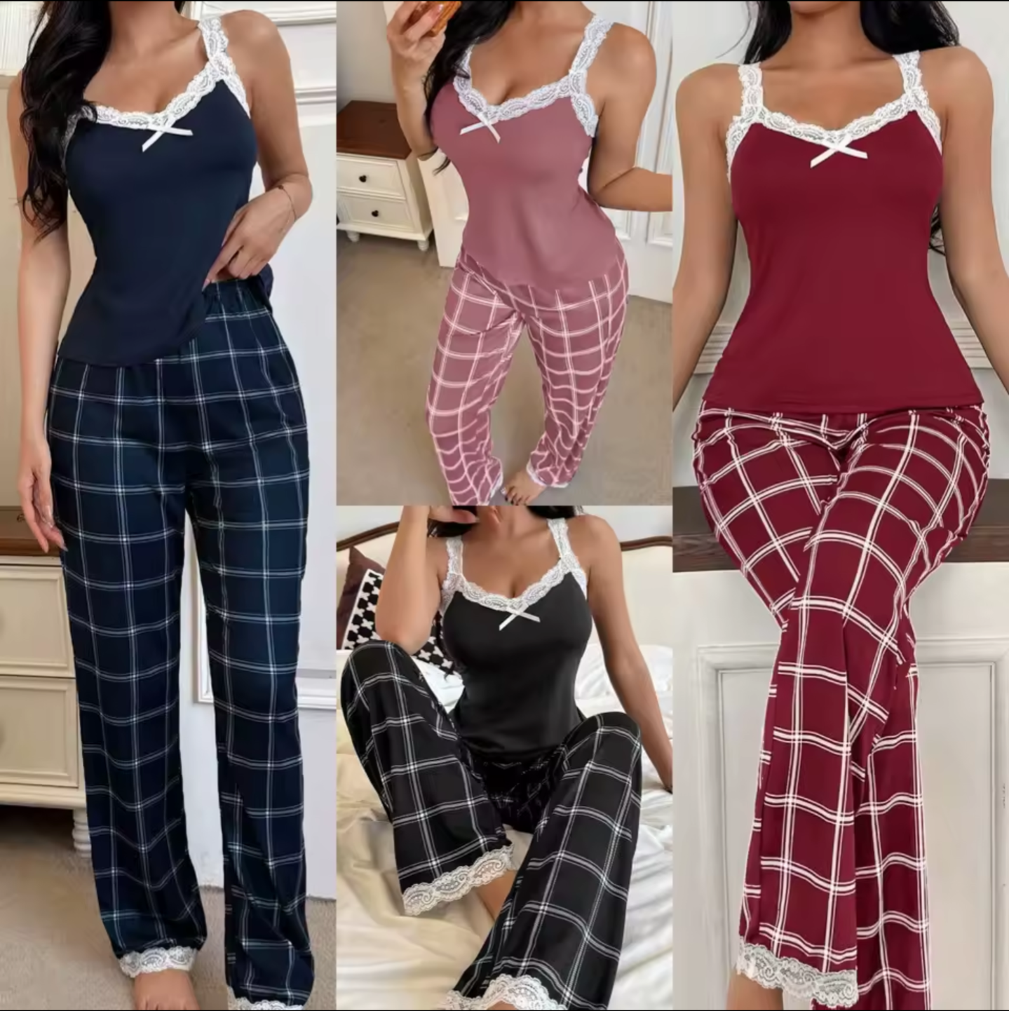 Women's Lace Trim Checked Pyjama Set S-XL