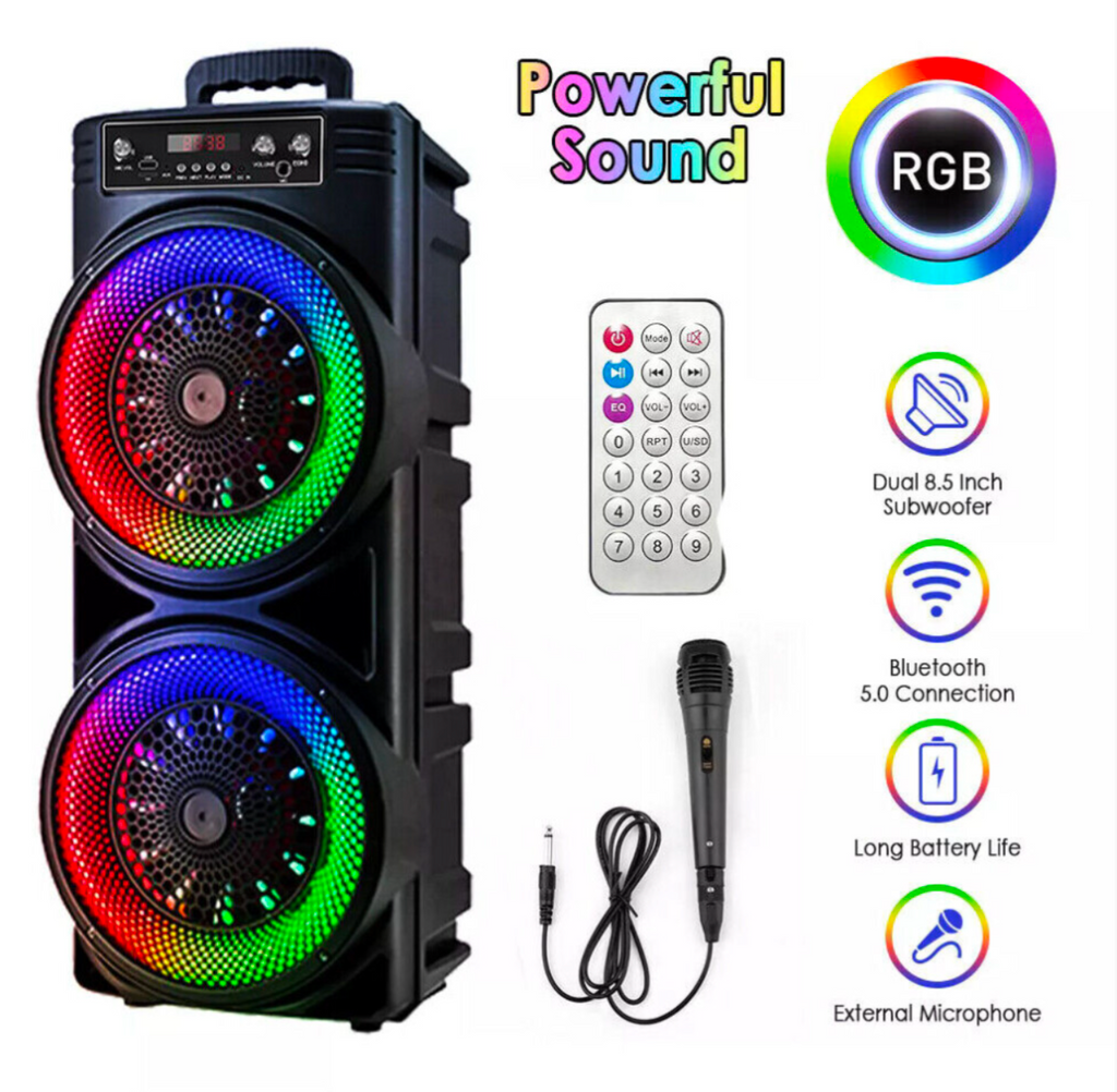 6000W Bluetooth Party Speaker with Dual Subwoofers, RGB Lights & Wireless Microphone