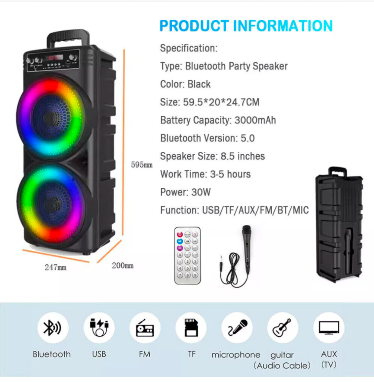 6000W Bluetooth Party Speaker with Dual Subwoofers, RGB Lights & Wireless Microphone