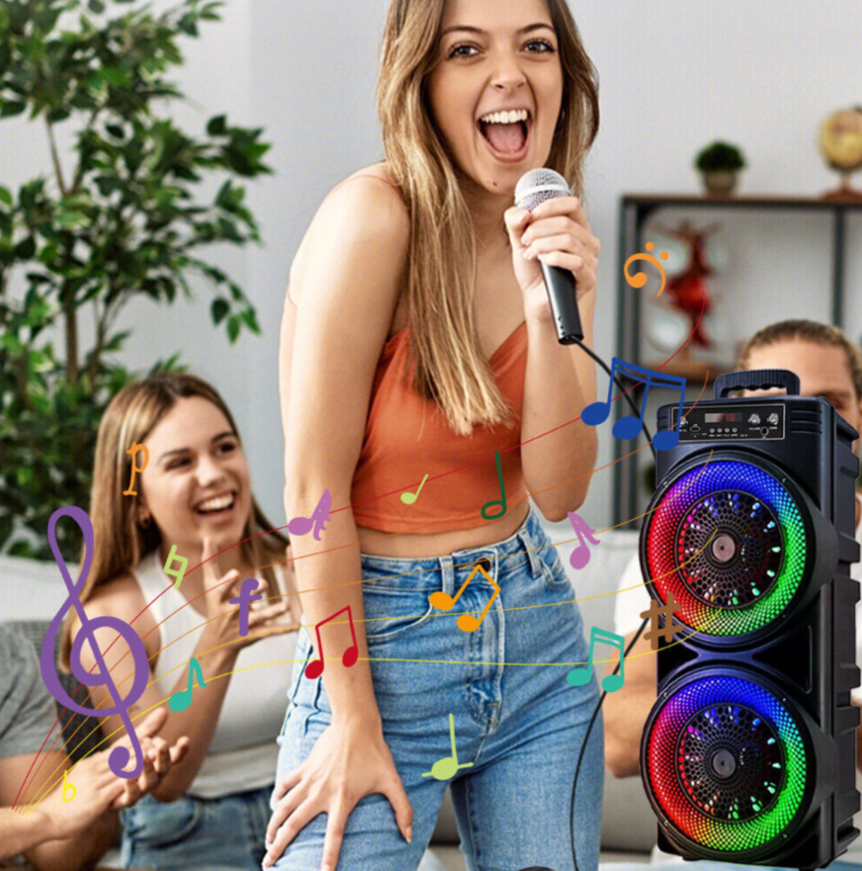 6000W Bluetooth Party Speaker with Dual Subwoofers, RGB Lights & Wireless Microphone