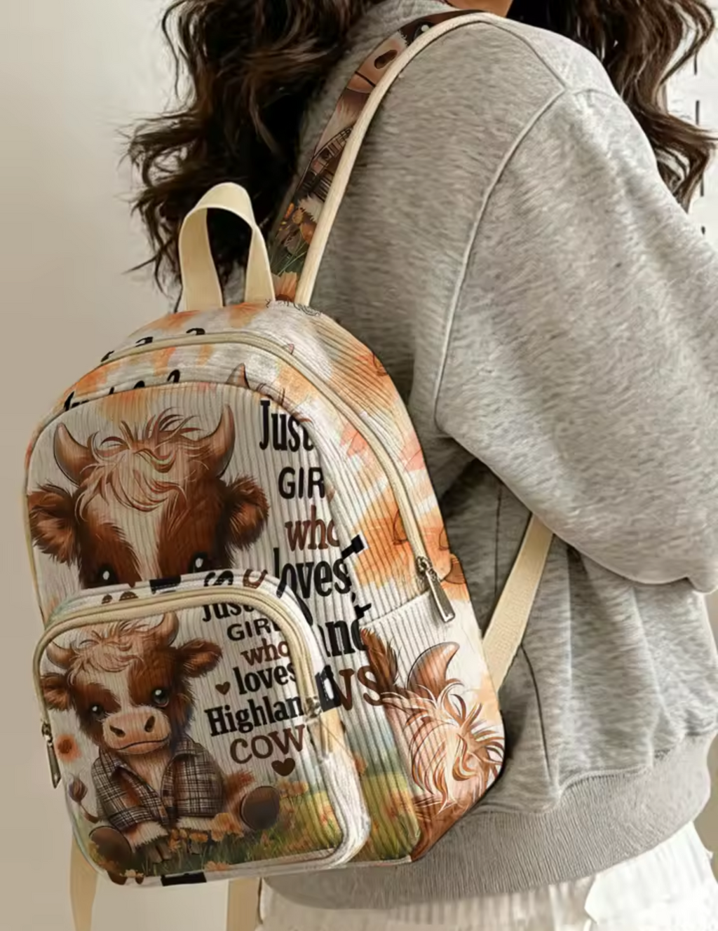 Highland Cow Backpack – Cute Highland Cattle Print with Front Pocket