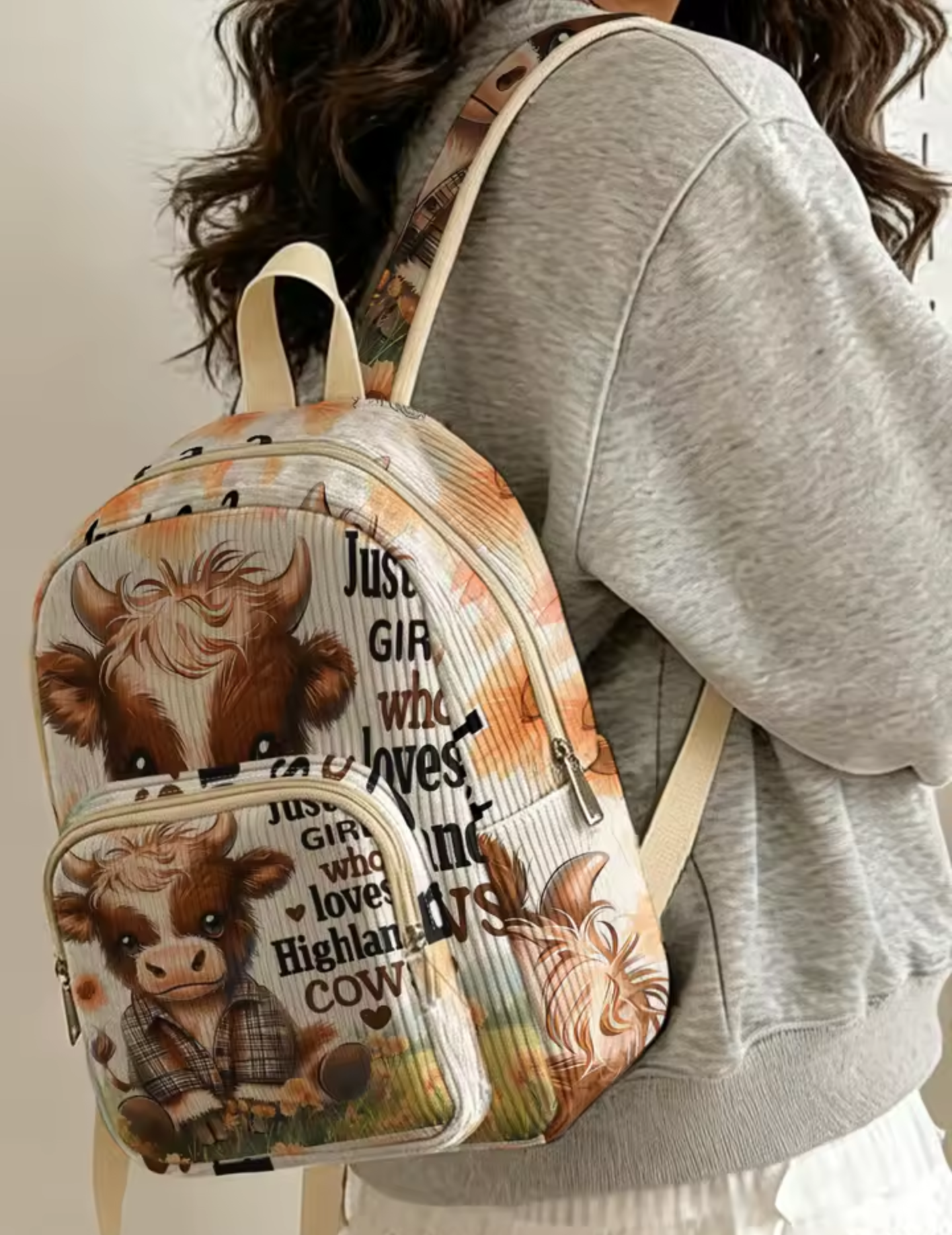 Highland Cow Backpack – Cute Highland Cattle Print with Front Pocket