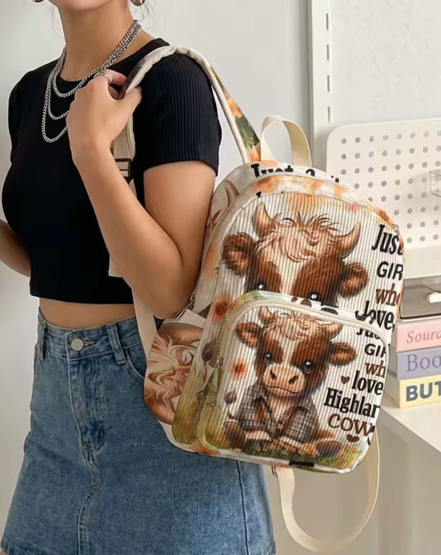 Highland Cow Backpack – Cute Highland Cattle Print with Front Pocket