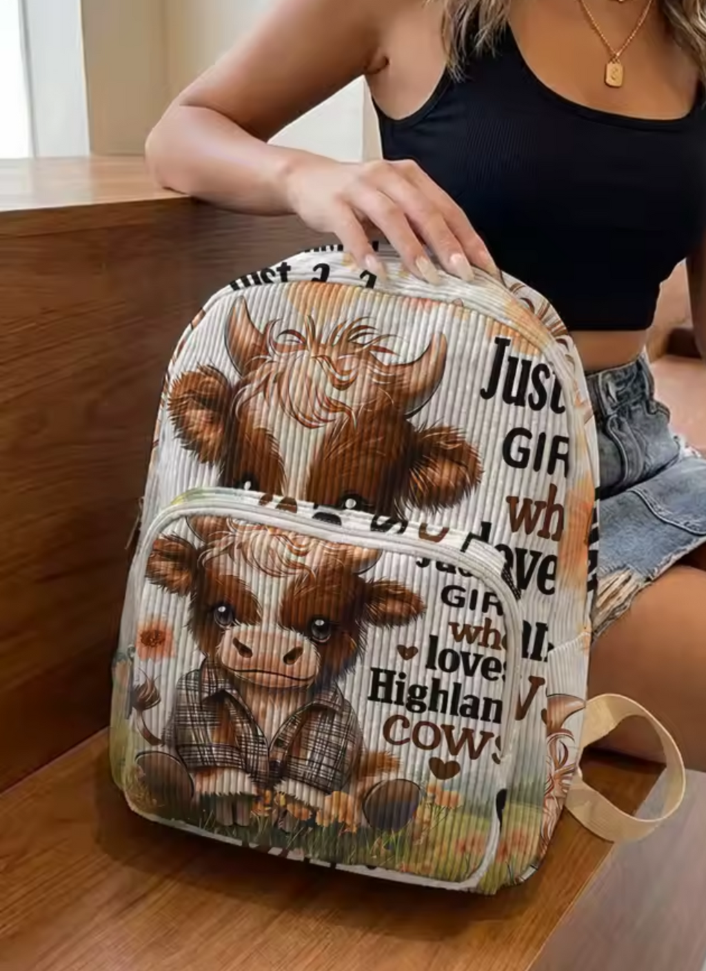 Highland Cow Backpack – Cute Highland Cattle Print with Front Pocket