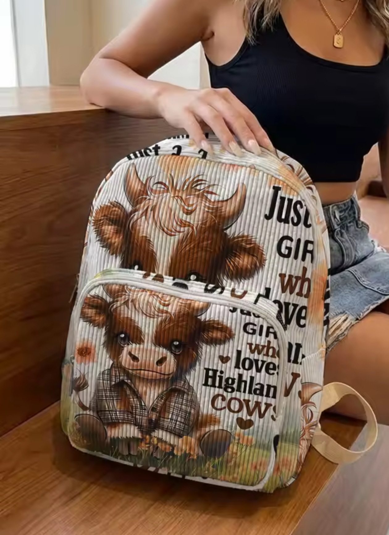 Highland Cow Backpack – Cute Highland Cattle Print with Front Pocket
