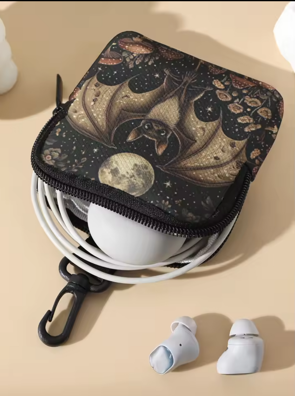 Mystical Bat & Moon Coin Purse – Gothic Floral Mushroom Design with Clip