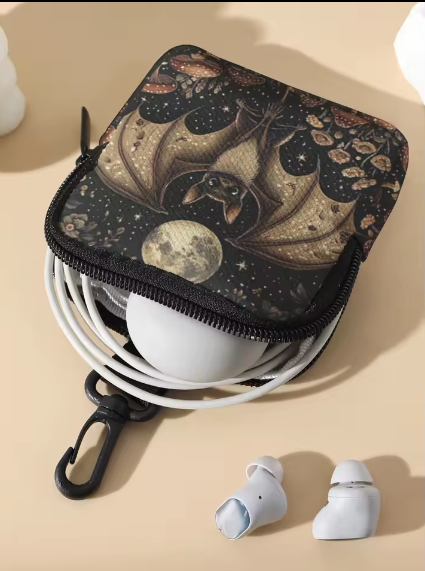 Mystical Bat & Moon Coin Purse – Gothic Floral Mushroom Design with Clip