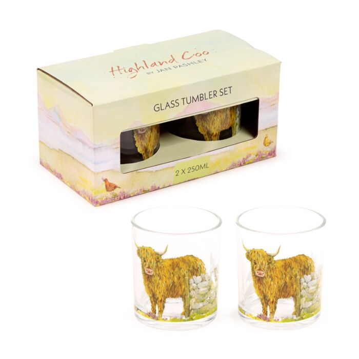 Glass Tumbler Set of 2 250ml - Jan Pashley Highland Coo Cow Tumblers