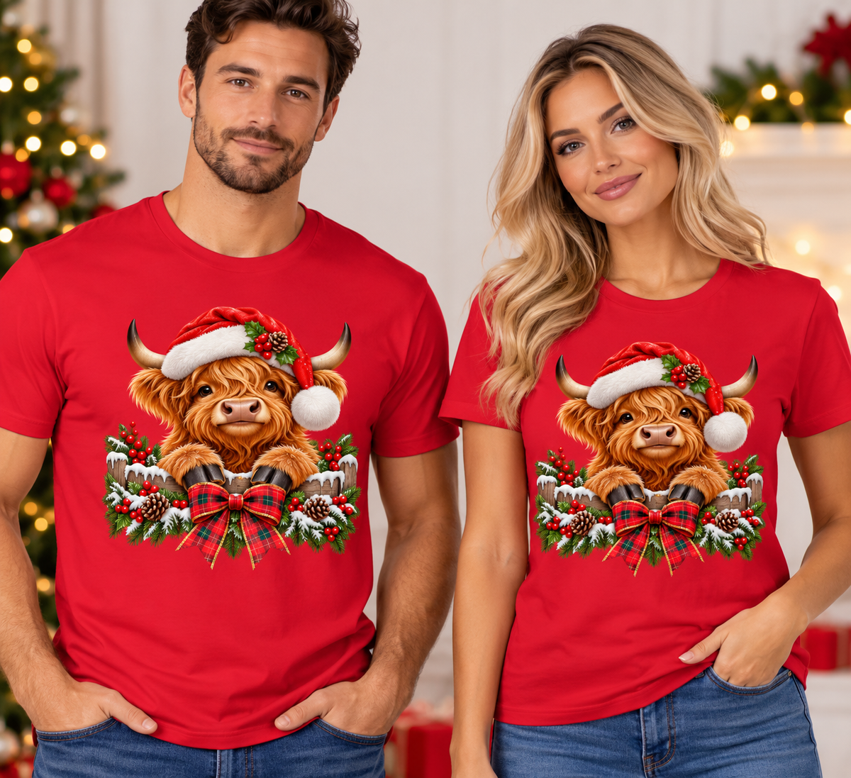 Unisex Christmas Highland Cow Santa Hat T-Shirt