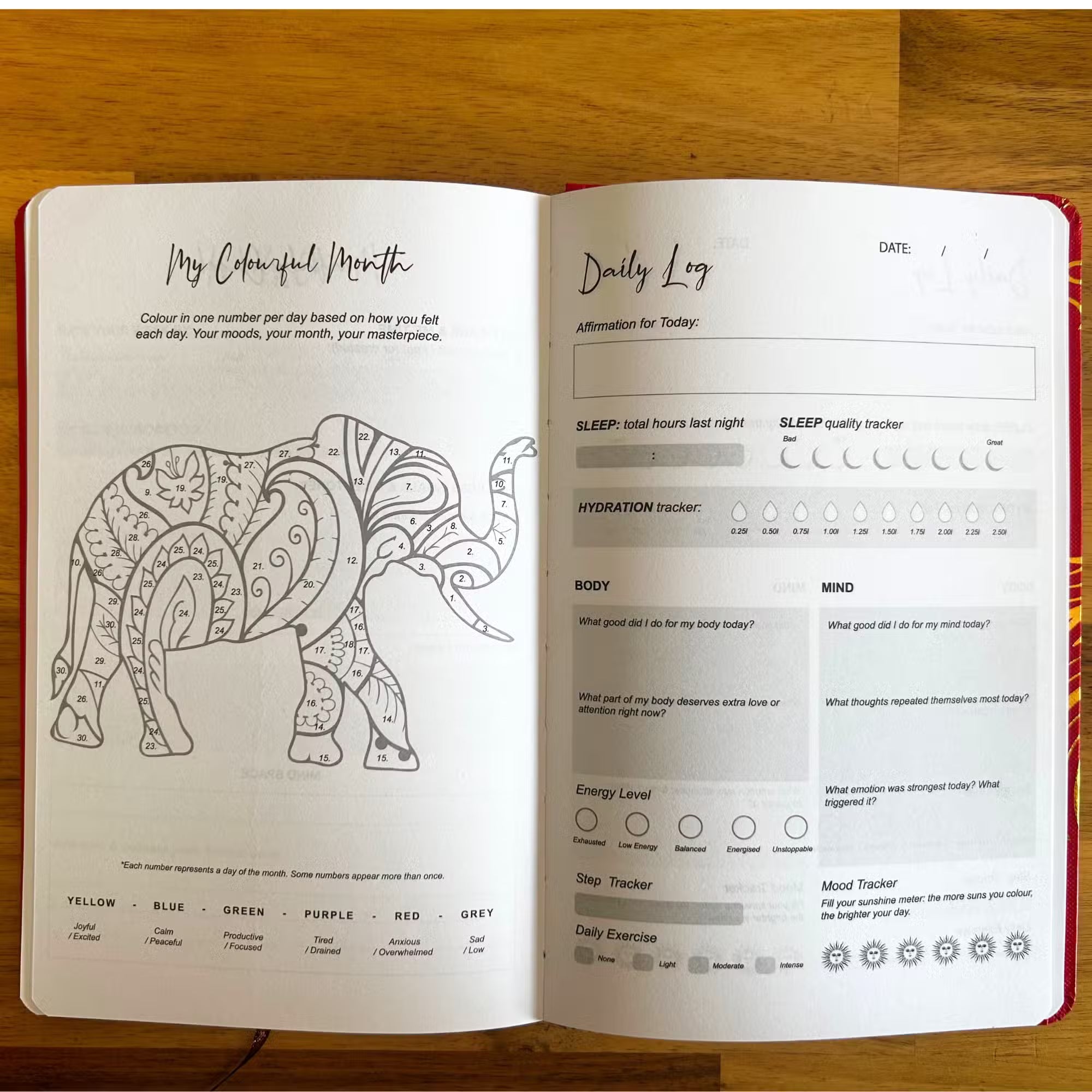 Red Wellness Journal - 120 pages - Golden Mandala and Lotus Notebook