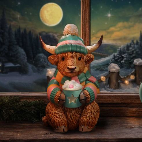 Winter Highland Cow Hot Cocoa Figurine 12.3cm