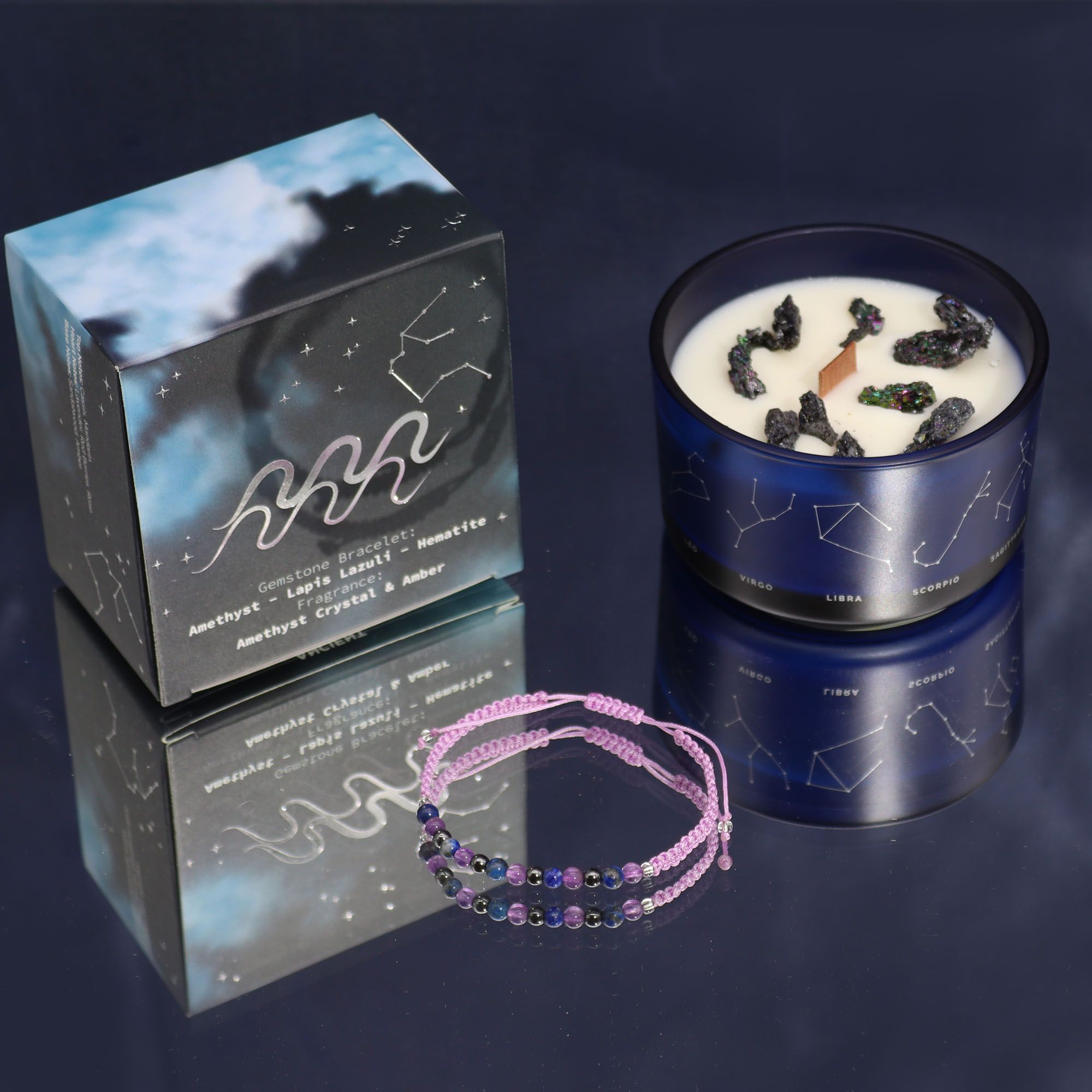 Zodiac Crystal Candle with Gemstone Bracelet - Aquarius Zodiac Crystal Candles with Gemstone Bracelet