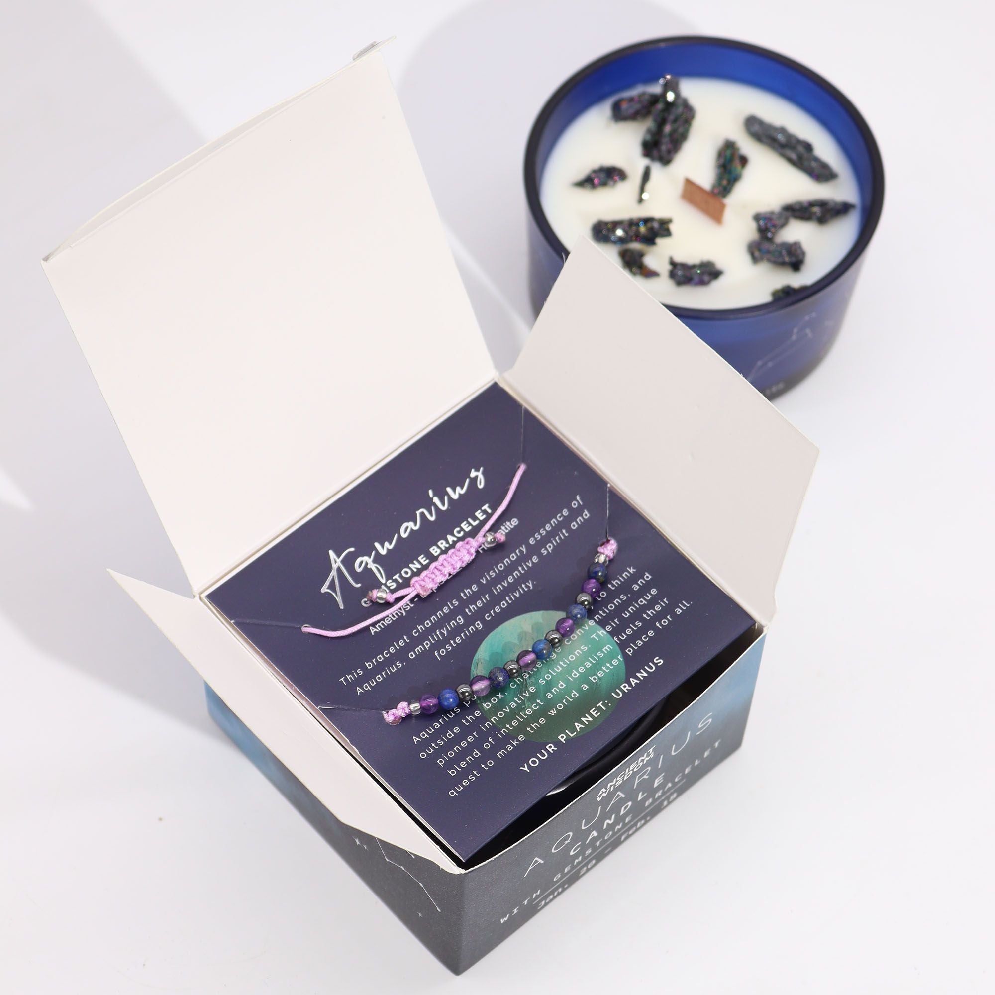 Zodiac Crystal Candle with Gemstone Bracelet - Aquarius Zodiac Crystal Candles with Gemstone Bracelet