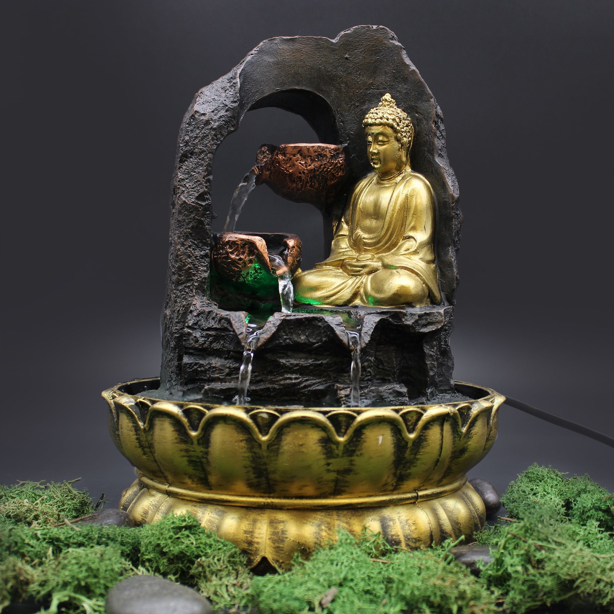 Tabletop Water Feature - 30cm - Golden Meditating Buddha Tabletop Water Features