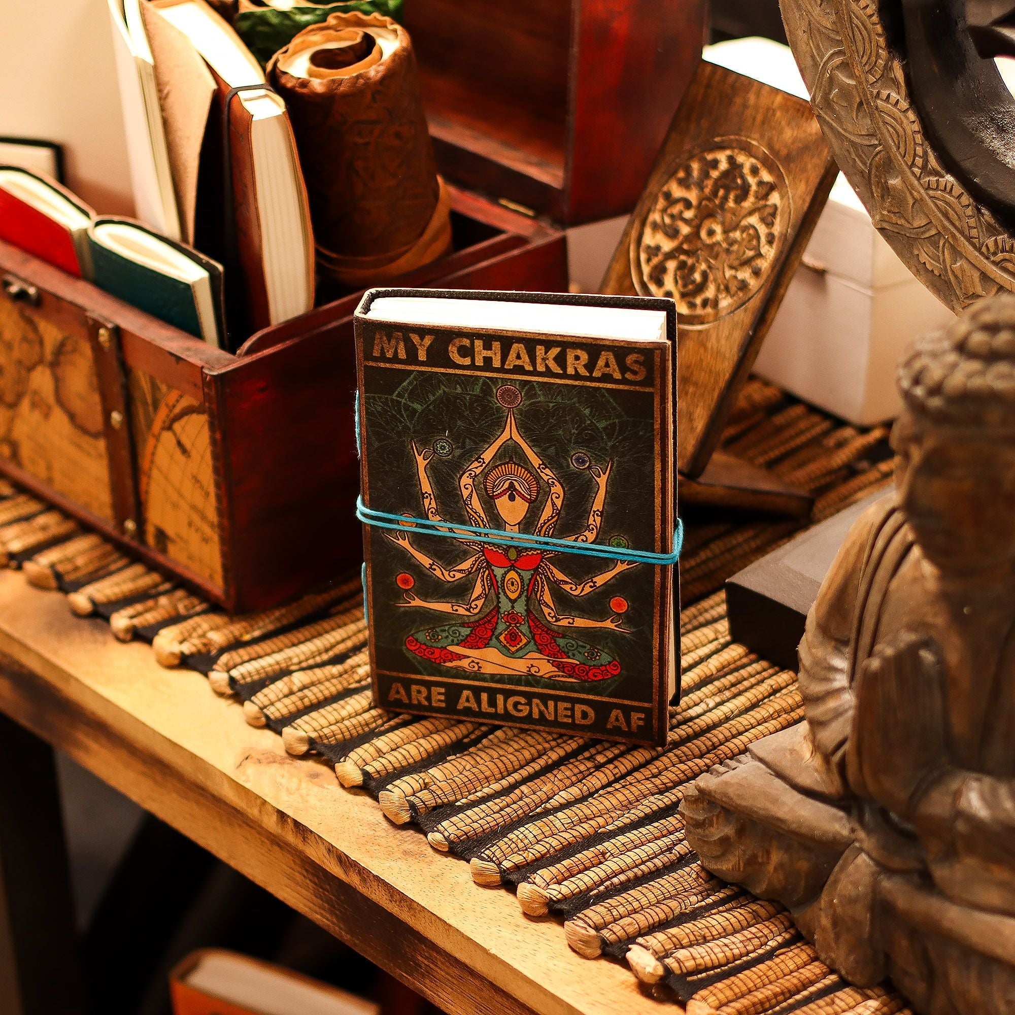 Leather Printed Notebook – My Chakras Are Aligned AF - 17.8×12.7 cm Leather Notebooks – Vintage Style Journals