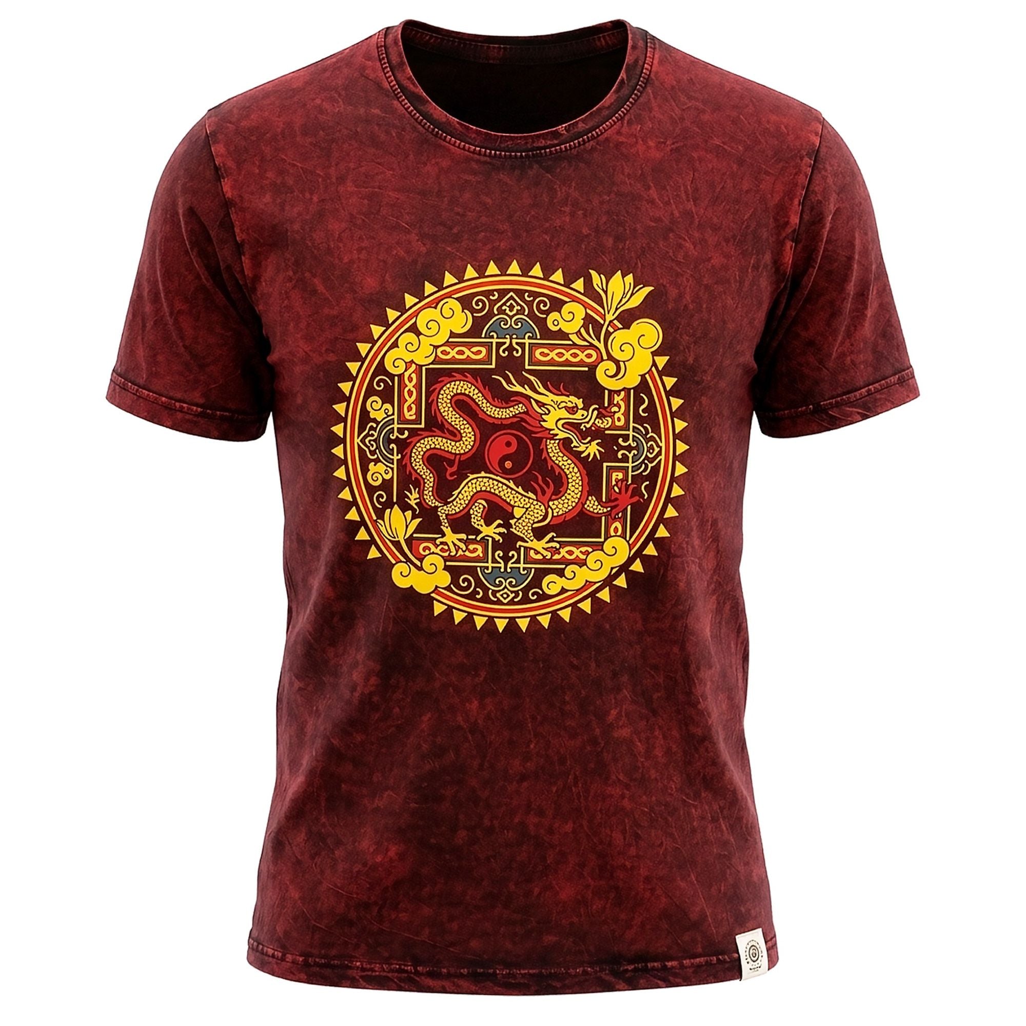 Nomad Sari Stonewashed Cotton T-Shirt - Dragon Mandala - Maroon - Unisex - Truly Yours