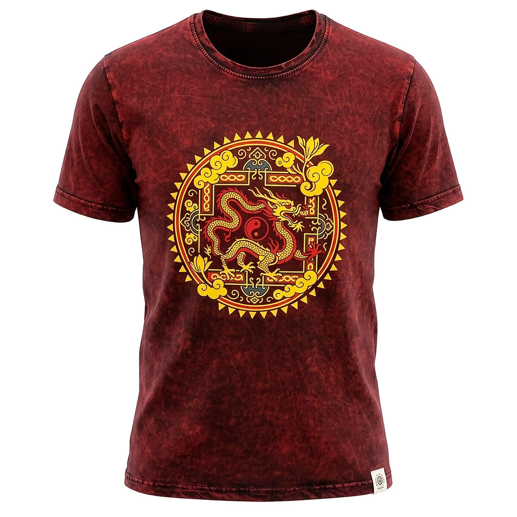 Nomad Sari Stonewashed Cotton T-Shirt - Dragon Mandala - Maroon - Unisex - Truly Yours