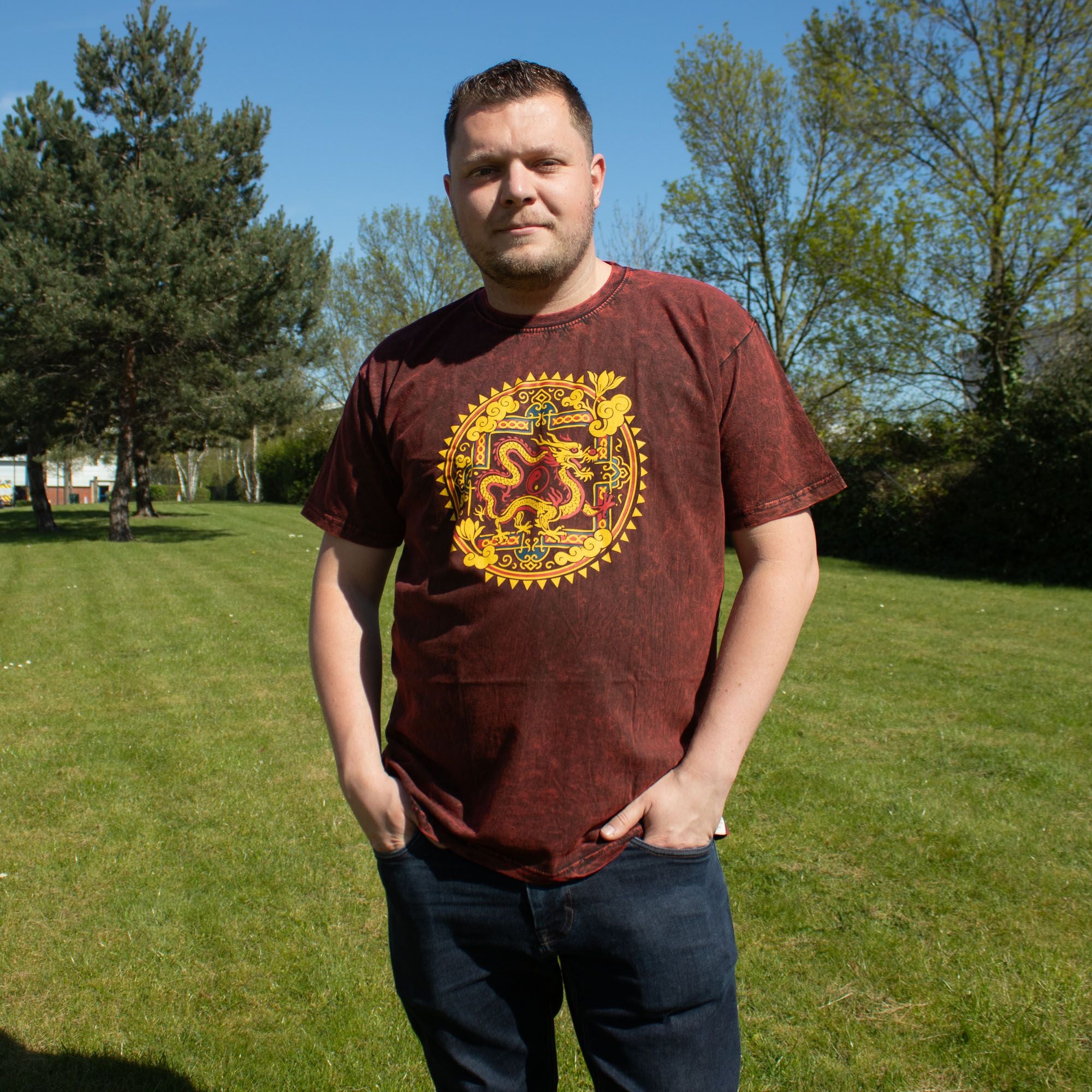 Nomad Sari Stonewashed Cotton T-Shirt - Dragon Mandala - Maroon - Unisex