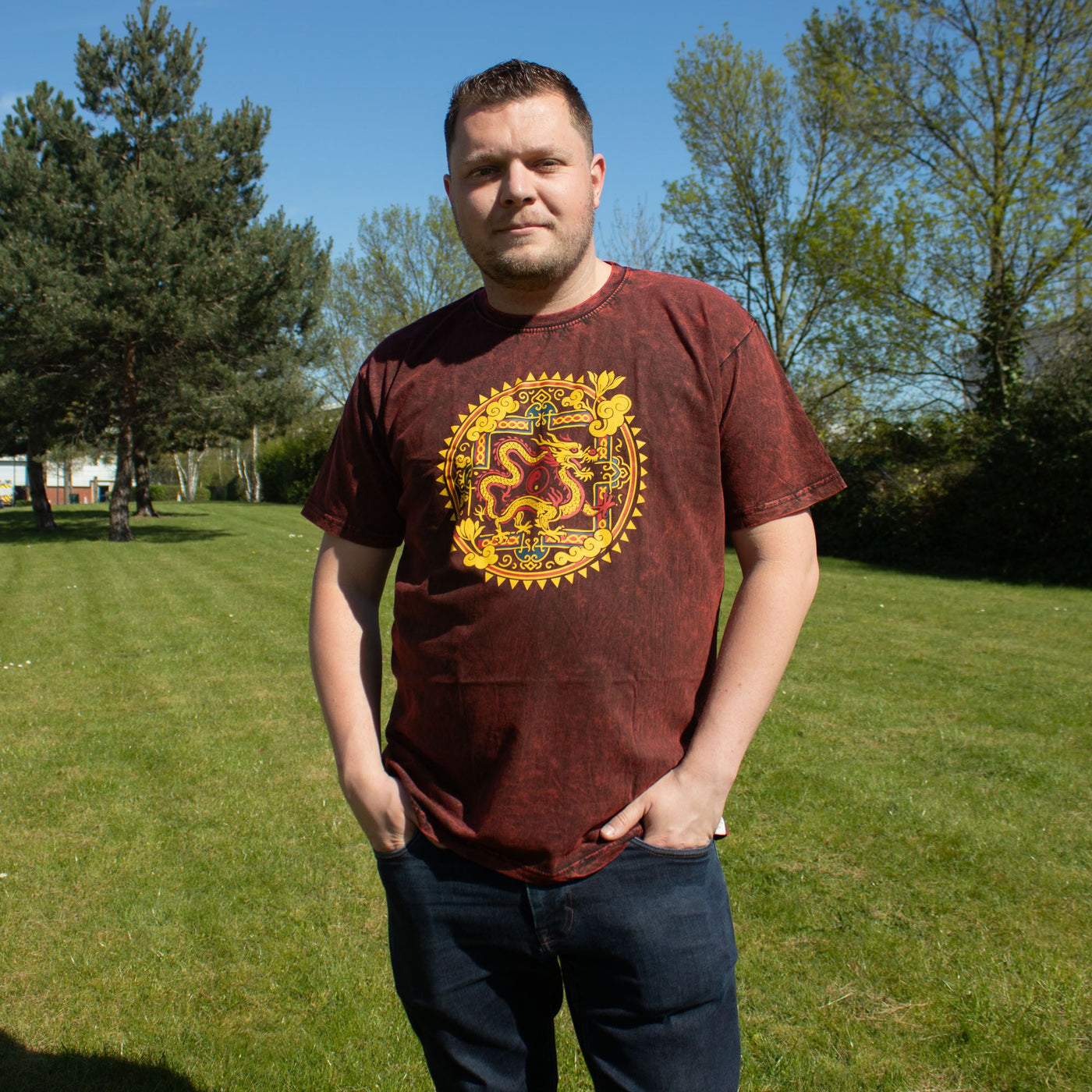 Nomad Sari Stonewashed Cotton T-Shirt - Dragon Mandala - Maroon - Unisex - Truly Yours