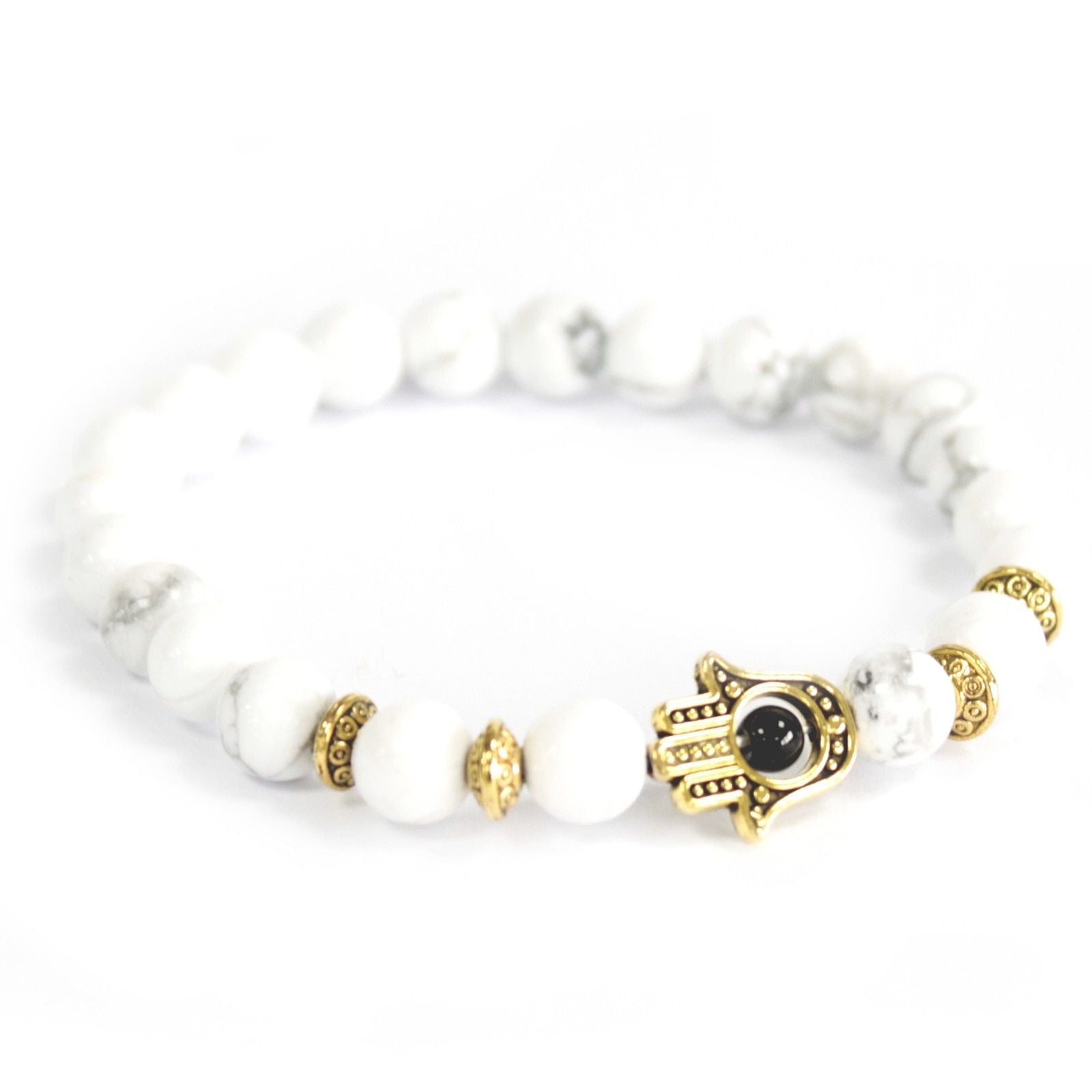 Gold Hamsa / White Stone - Gemstone Bracelet - Truly Yours