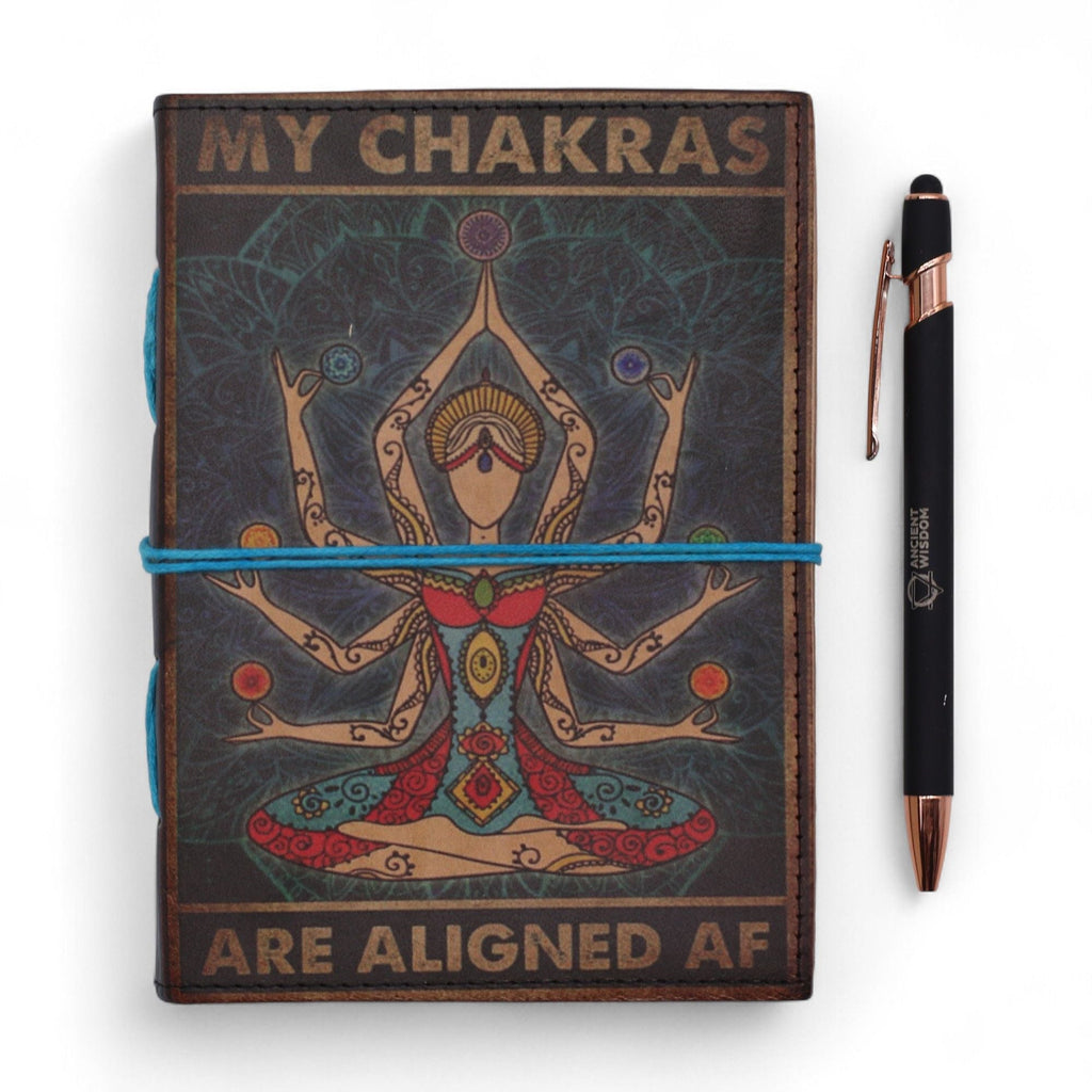 Leather Printed Notebook – My Chakras Are Aligned AF - 17.8×12.7 cm Leather Notebooks – Vintage Style Journals