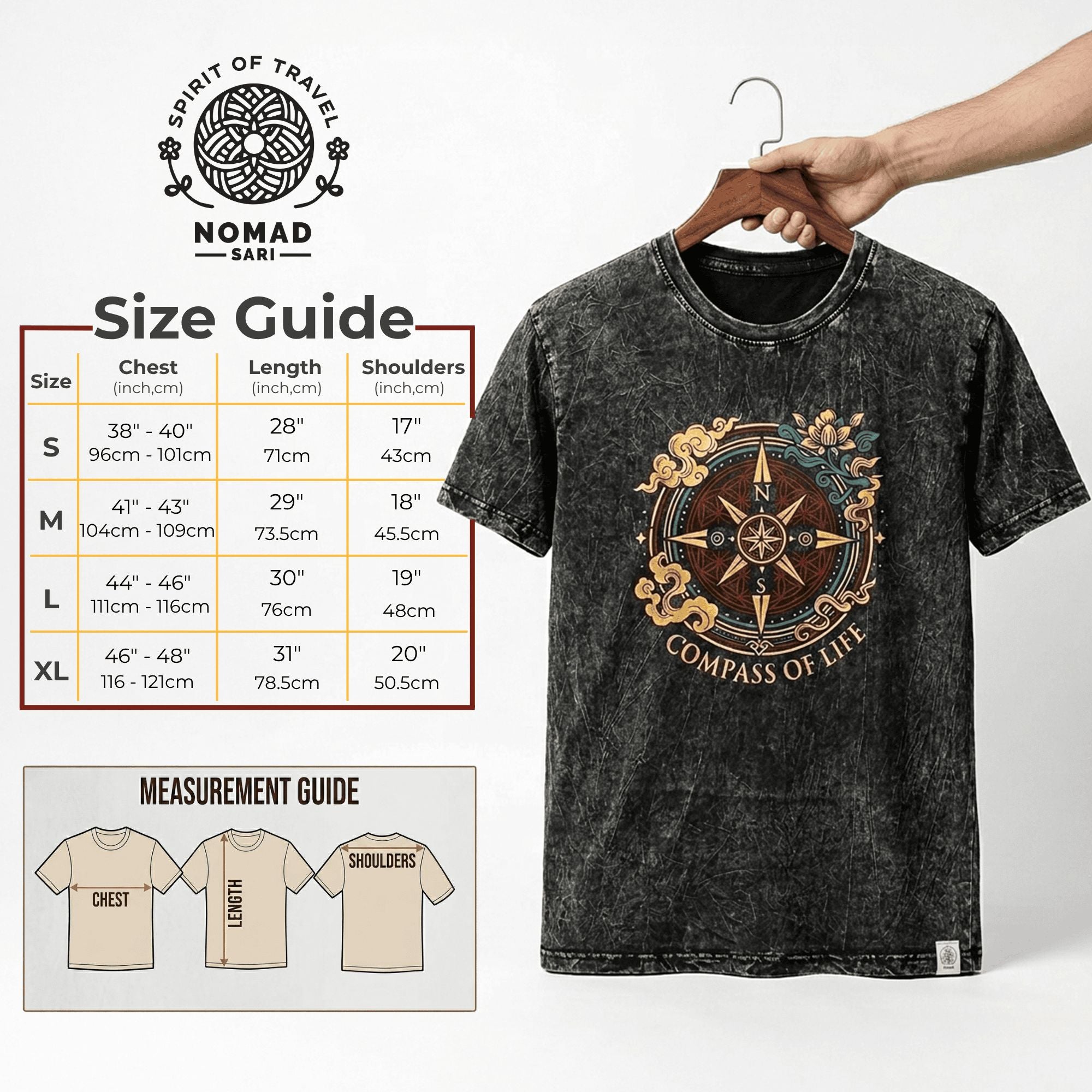 Nomad Sari Stonewashed Cotton T-Shirt - Compass of Life - Charcoal - Unisex - Truly Yours