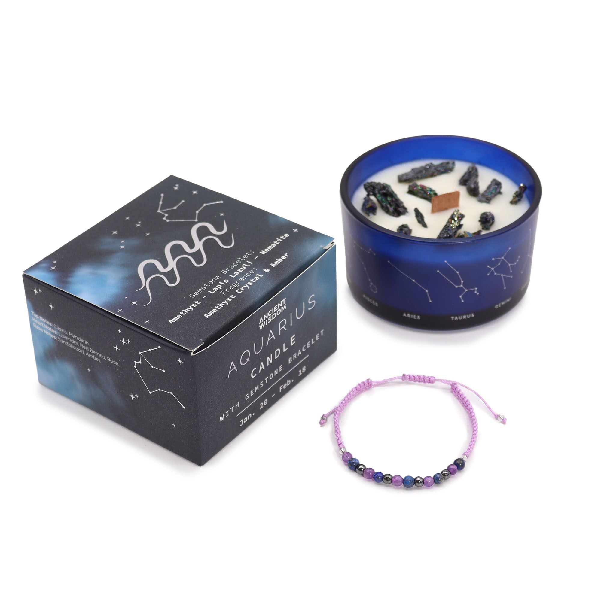 Zodiac Crystal Candle with Gemstone Bracelet - Aquarius Zodiac Crystal Candles with Gemstone Bracelet