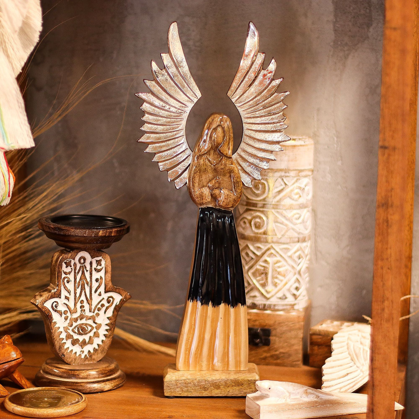 Large Mango Wood Gardian Angel Metal Wings & Enamel Detail Mango Wood Angels