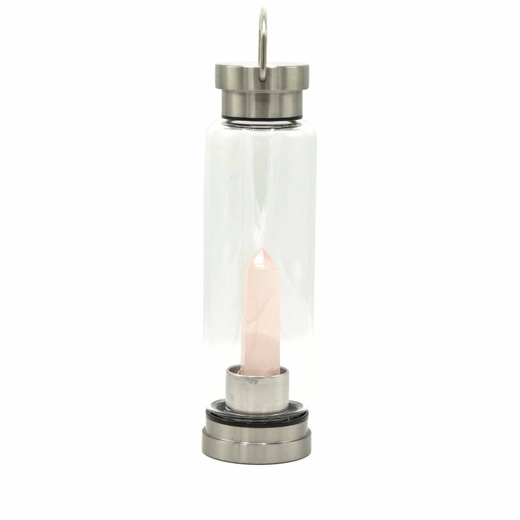 Crystal Infused Glass Water Bottle - Rejuvenating Rose Quartz - Obelisk - Truly Yours