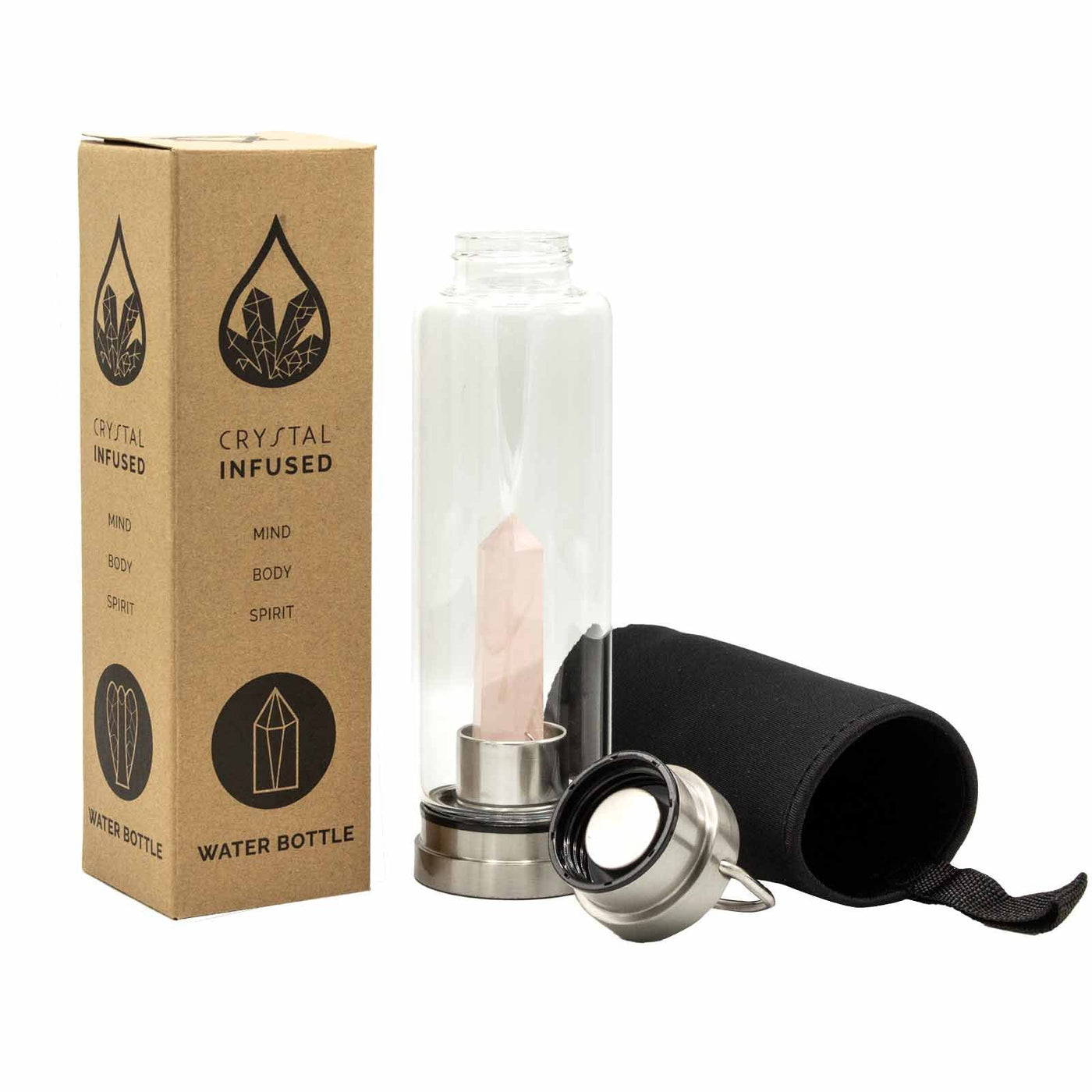 Crystal Infused Glass Water Bottle - Rejuvenating Rose Quartz - Obelisk - Truly Yours