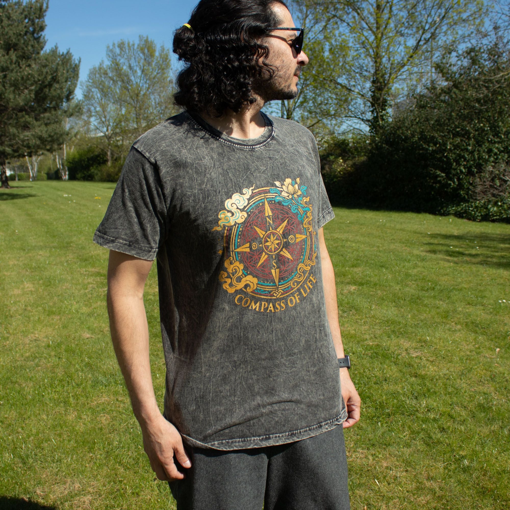 Nomad Sari Stonewashed Cotton T-Shirt - Compass of Life - Charcoal - Unisex