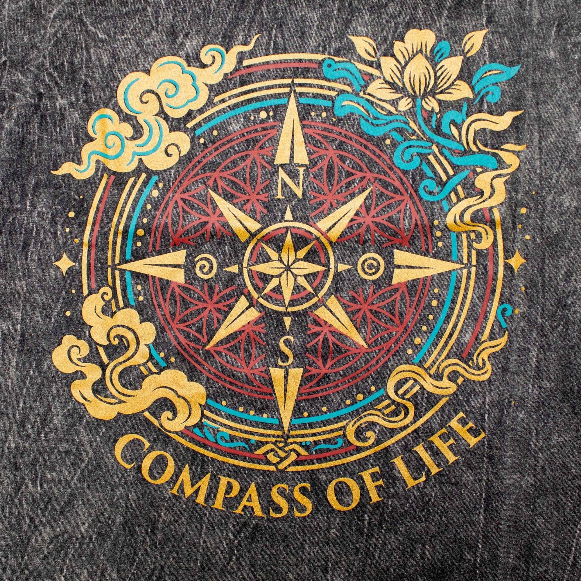 Nomad Sari Stonewashed Cotton T-Shirt - Compass of Life - Charcoal - Unisex - Truly Yours