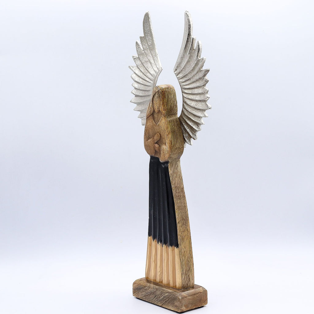 Large Mango Wood Gardian Angel Metal Wings & Enamel Detail Mango Wood Angels