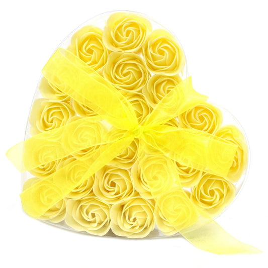 Set of 24 Soap Flower Heart Box - Yellow Roses Luxury Soap Flowers