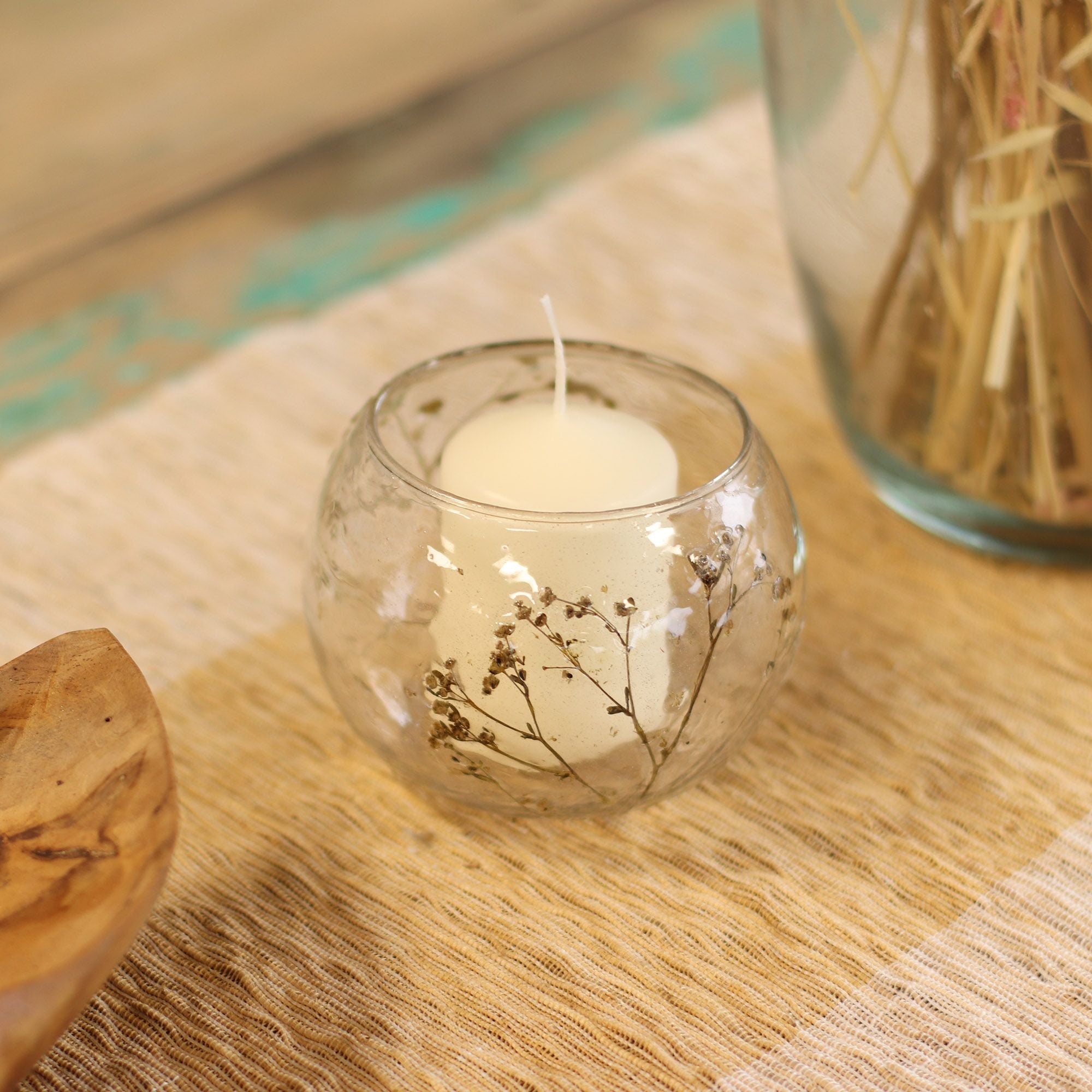 Natural Floral Glass - Bowl Candle Holder - Margarita - (8x10cm) Natural Floral Glass Candle Holders