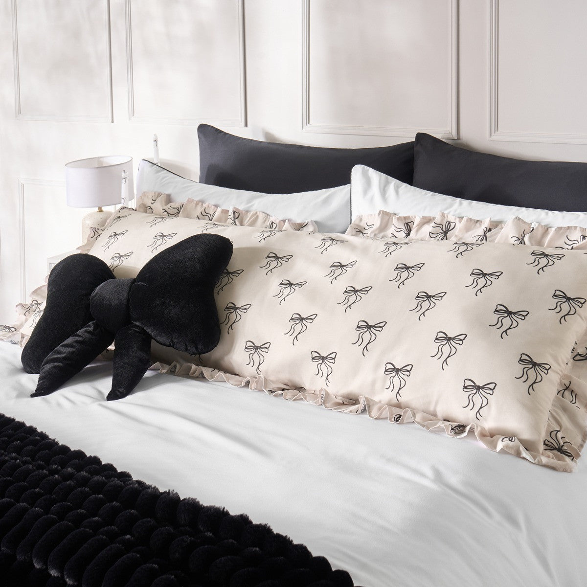 Bow Print Frill Edge Bolster Pillow - Truly Yours