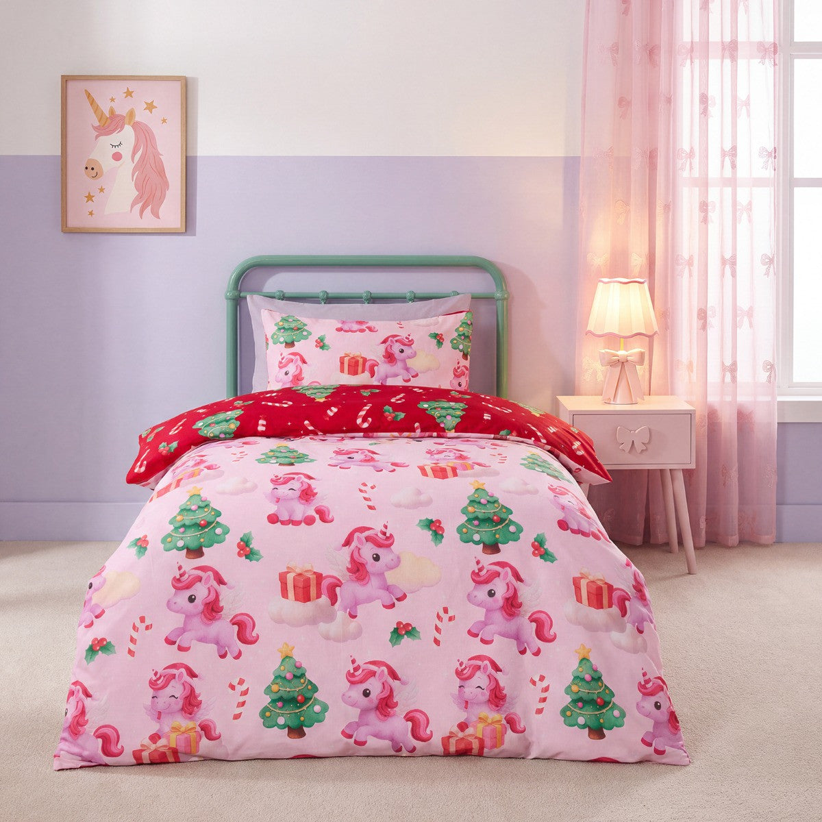 Christmas Unicorn Print Reversible Duvet Cover Set, Pink/Red - Single