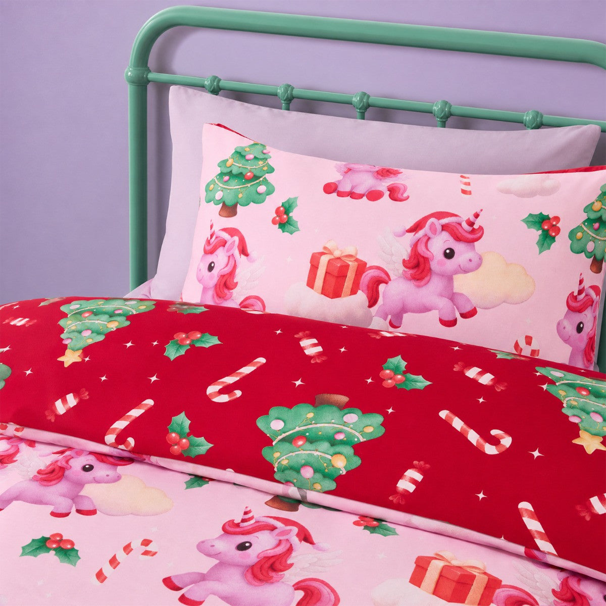 Christmas Unicorn Print Reversible Duvet Cover Set, Pink/Red - Single