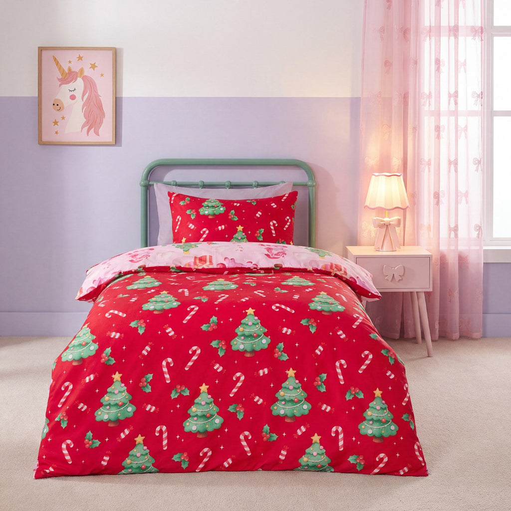 Christmas Unicorn Print Reversible Duvet Cover Set, Pink/Red - Single