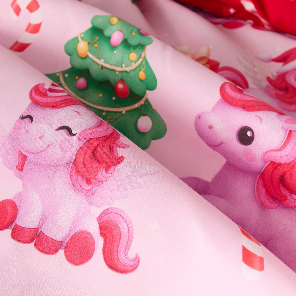 Christmas Unicorn Print Reversible Duvet Cover Set, Pink/Red - Single