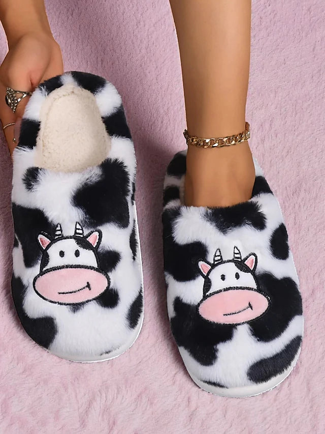 Women's Cow Print Fuzzy Slippers - Truly Yours
