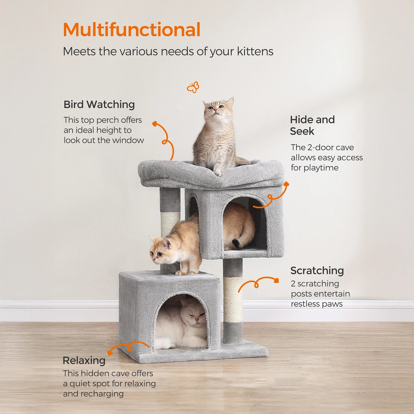 Feandrea Cat Tree, Condo for Kittens up to 3kg, 2 Cat Caves
