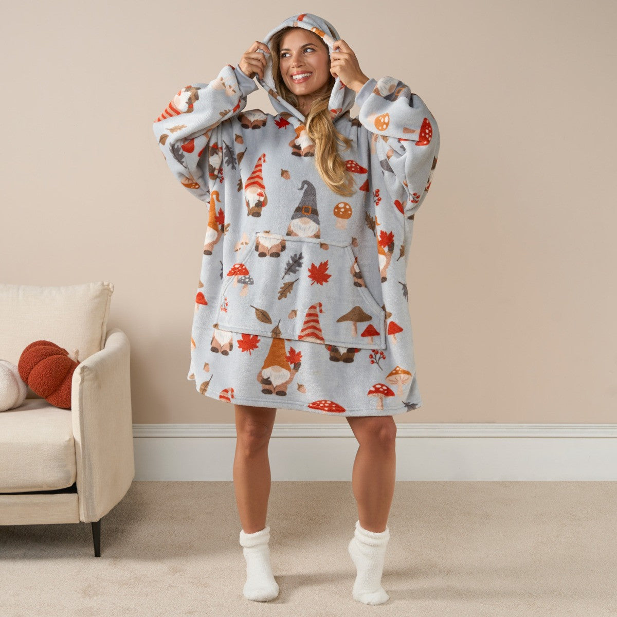 Unisex Autumn Gonk Print Hoodie Blanket - Grey Hoodie blanket