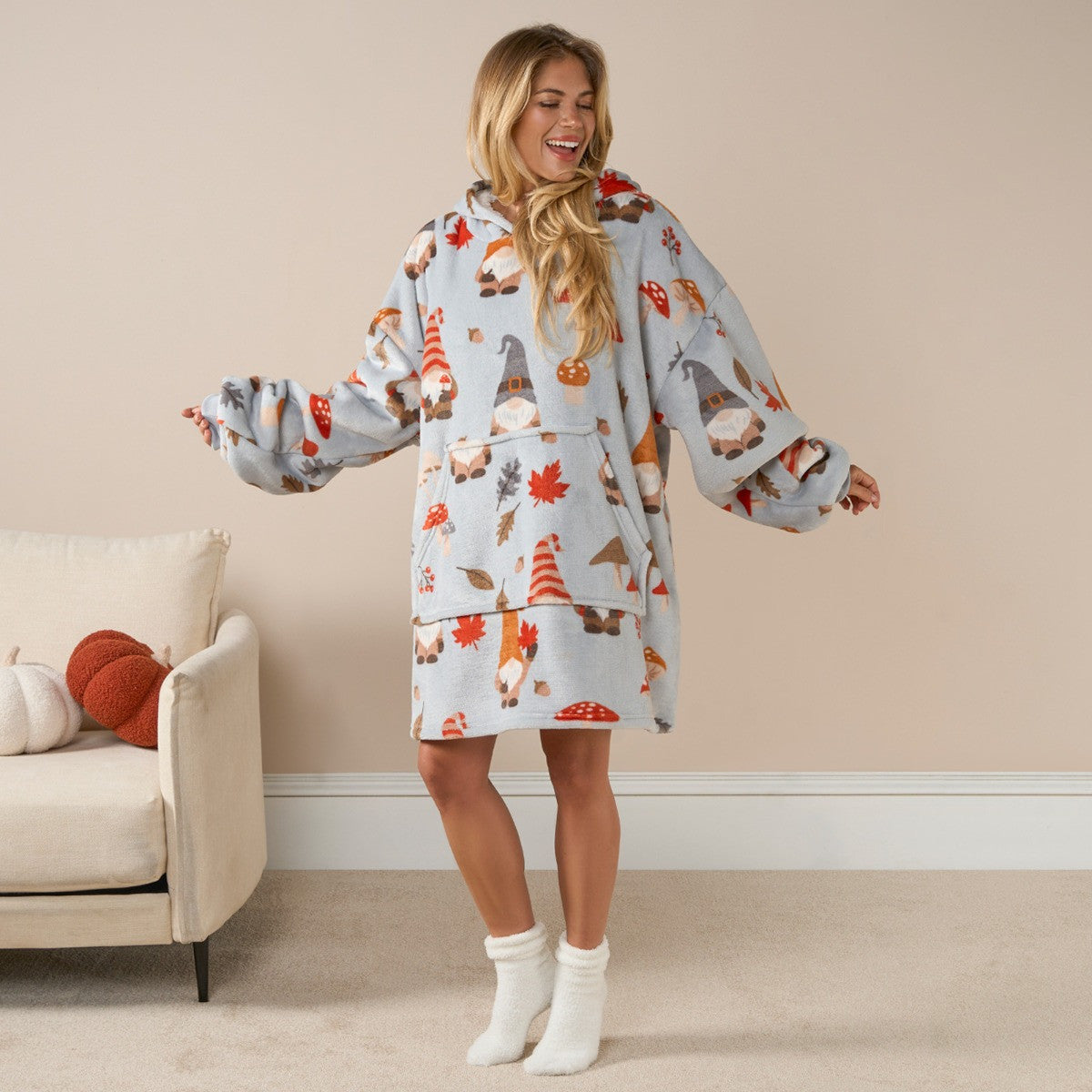 Unisex Autumn Gonk Print Hoodie Blanket - Grey Hoodie blanket