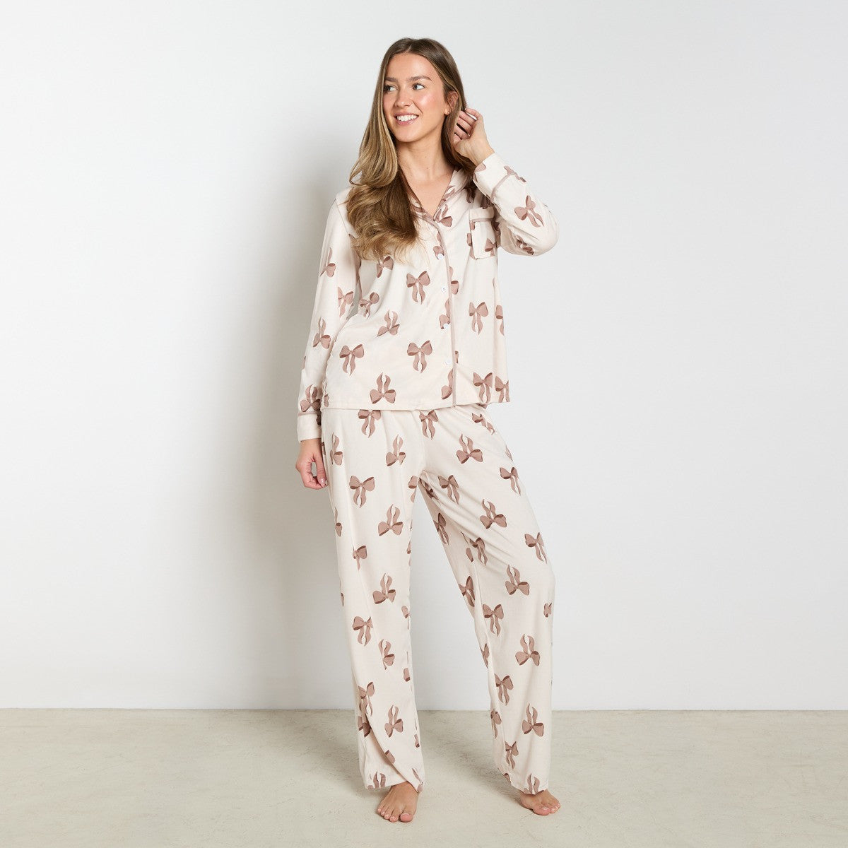 Bow Print Button Through Pyjama Set - Cream - Truly Yours
