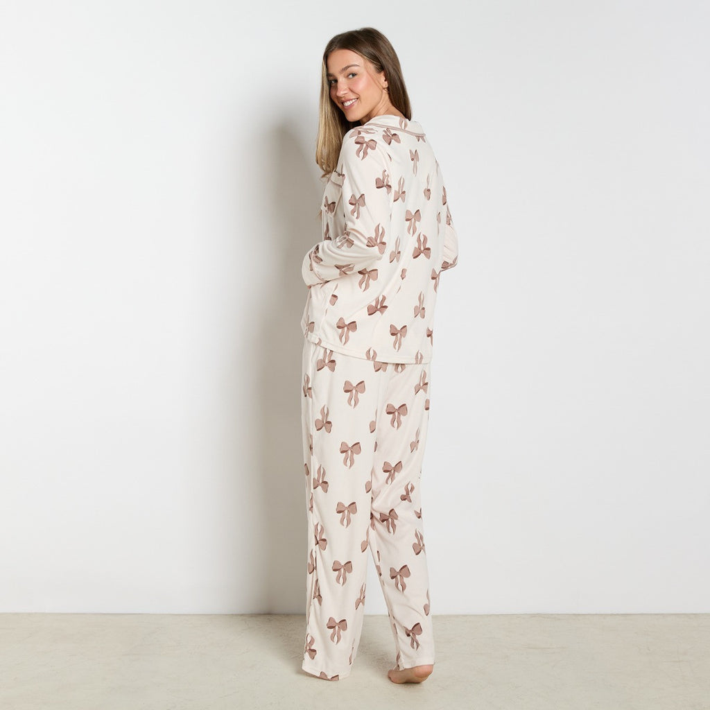 Bow Print Button Through Pyjama Set - Cream - Truly Yours