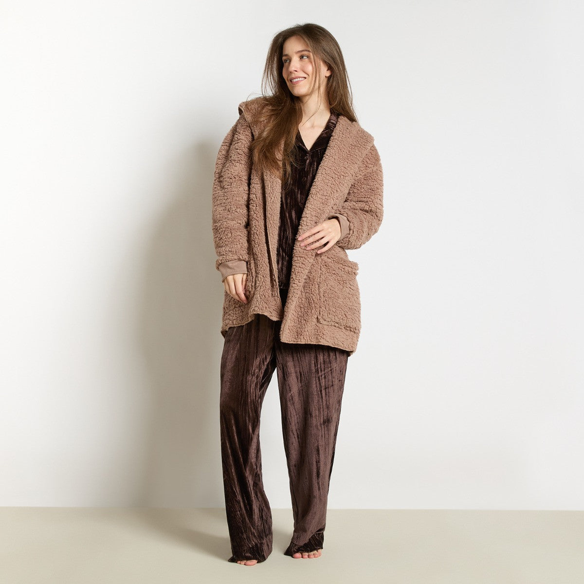 Unisex Waterfall Teddy Fleece Cardigan - Mink