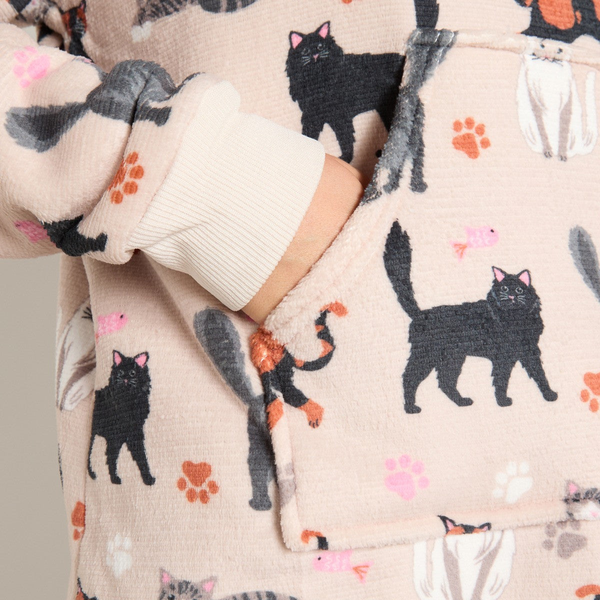 Pet Cat Print Fleece Hoodie Loungewear Set - Beige